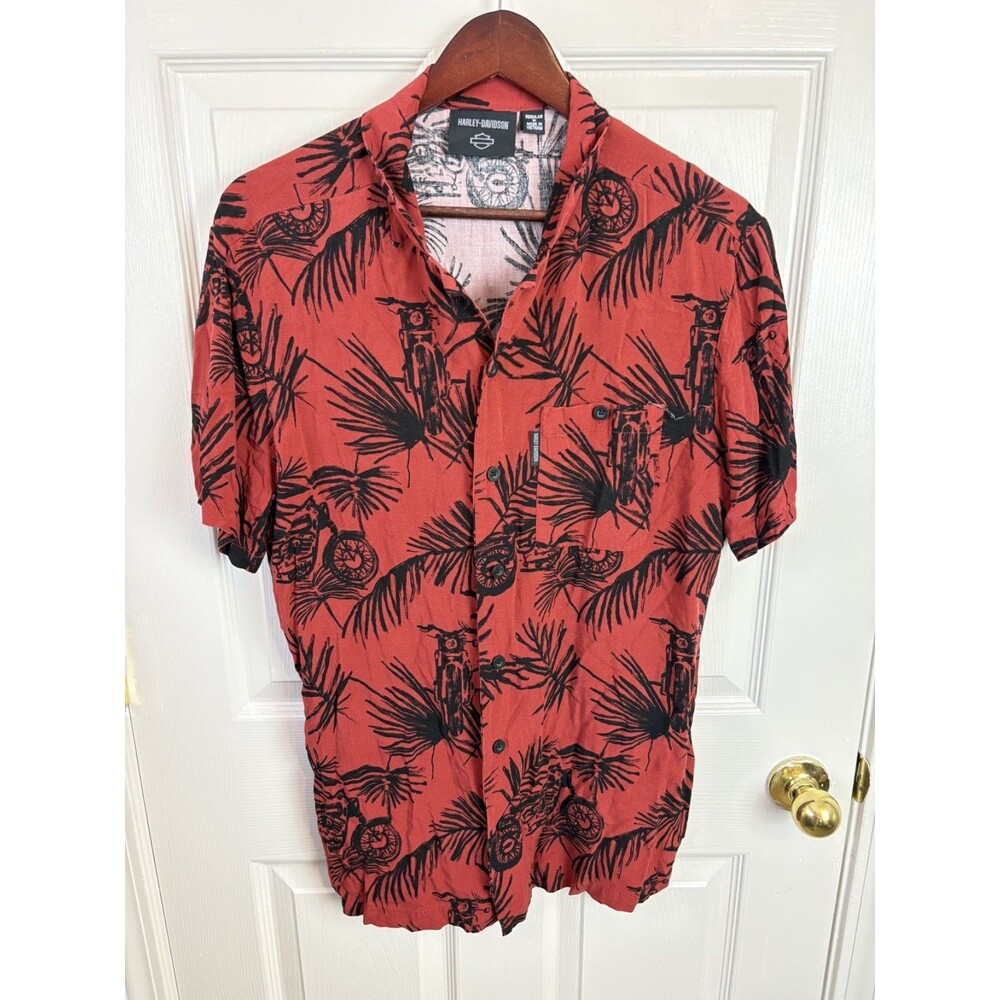 Harley-Davidson Shirt Mens M Red Floral Palm Short Sleeve Button Up Hawaiian 468